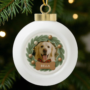 Cute Christmas Dog Photo Wreath Name Holiday  Ceramic Ball Christmas Ornament