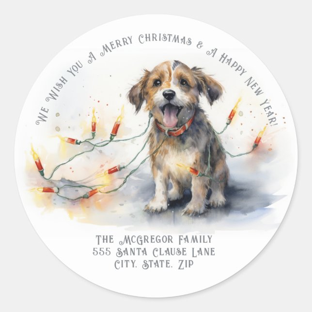 Cute Christmas Dog Return Address Classic Round Sticker (Front)