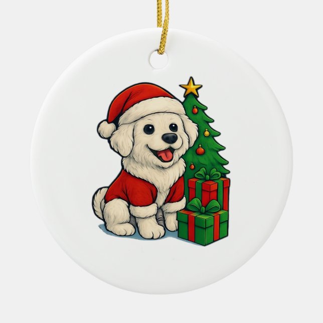 Cute Christmas Dog, Santa Hat Dog, With Christmas  Ceramic Tree Decoration (Front)