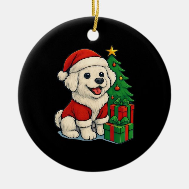 Cute Christmas Dog, Santa Hat Dog, With Christmas  Ceramic Tree Decoration (Front)
