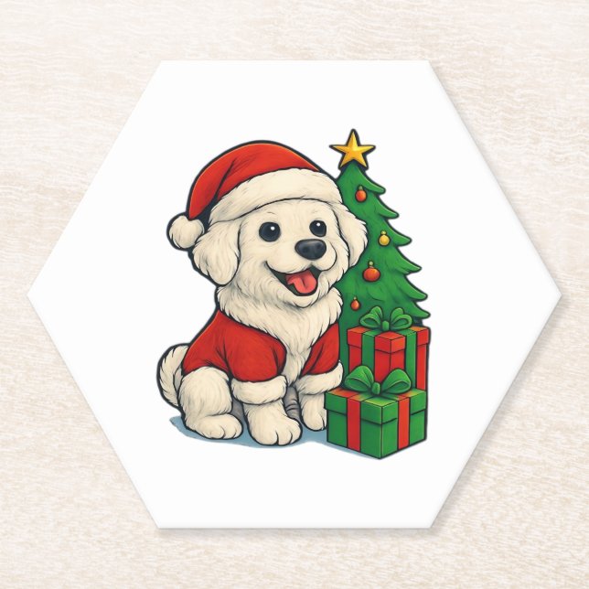 Cute Christmas Dog, Santa Hat Dog, With Christmas  Paper Coaster (Front)