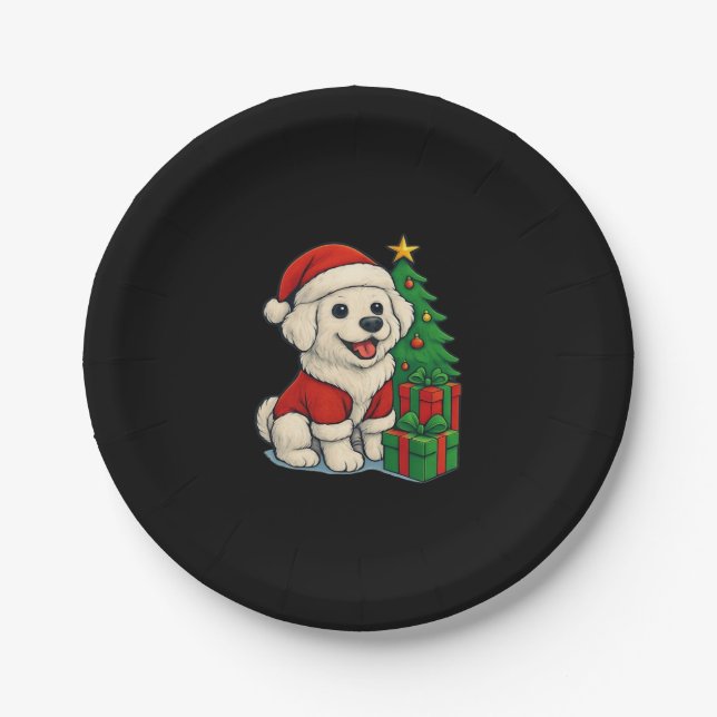 Cute Christmas Dog, Santa Hat Dog, With Christmas  Paper Plate (Front)