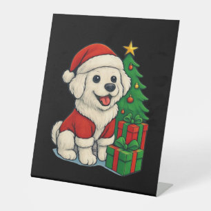 Cute Christmas Dog, Santa Hat Dog, With Christmas Pedestal Sign
