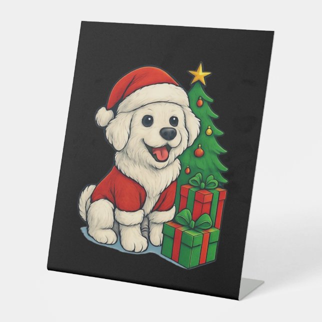 Cute Christmas Dog, Santa Hat Dog, With Christmas  Pedestal Sign (Front)