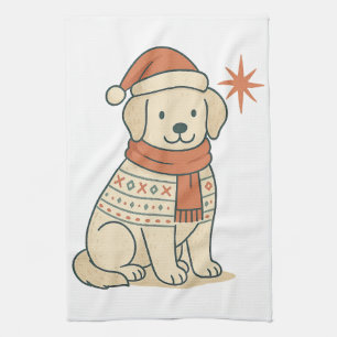 Cute Christmas Dog Scandinavian Winter Puppy  Tea Towel