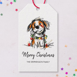 Cute Christmas Dog Sketch Illustration Gift Tags