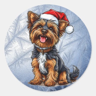 Cute Christmas Dog Wearing a Santa Hat Classic Round Sticker