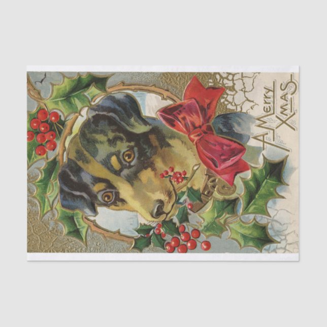 CUTE CHRISTMAS DOG WITH RED BOW AND HOLLYBERRIES TISSUE PAPER (Front)