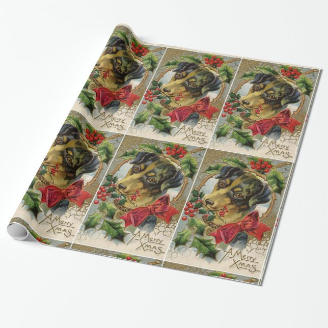 CUTE CHRISTMAS DOG WITH RED BOW AND HOLLYBERRIES WRAPPING PAPER (Unrolled)