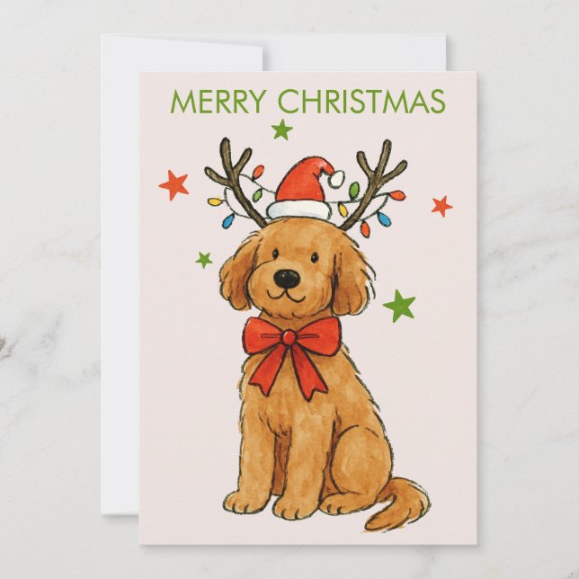 Cute Christmas Dog with Santa Hat & Lights  Holiday Card (Front)