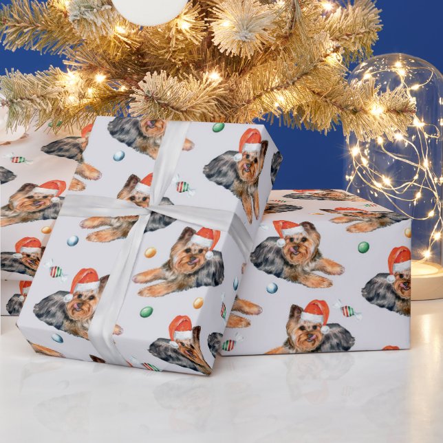 Cute Christmas Dog with Santa Hat Red Green White Wrapping Paper (Holidays)
