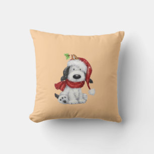 Cute Christmas Dog with Santa Hat & Scarf Cushion