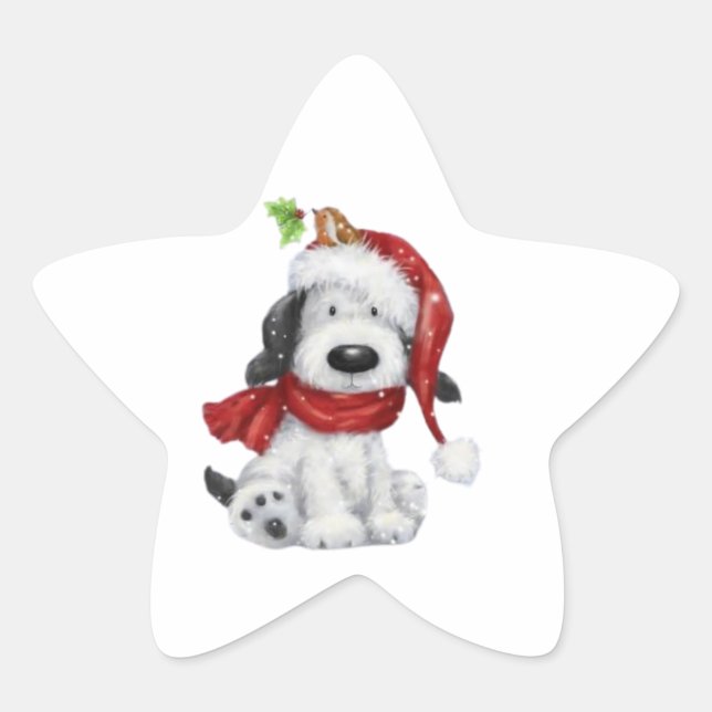 Cute Christmas Dog with Santa Hat & Scarf Star Sticker (Front)