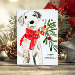 Cute Christmas Dog with Scarf and Greenery Holiday Card<br><div class="desc">These adorable holiday cards feature an illustration of a cute puppy dog in a red scarf and holding holiday greenery with green leaves and red holly berries. He even has a gold bow. The card says "Merry Christmas",  and inside there is a retro vintage style illustration of Christmas bells.</div>