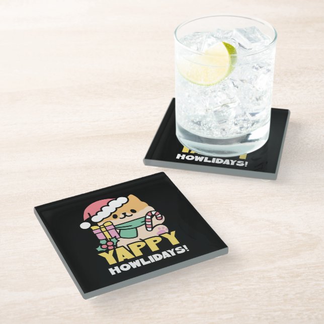 Cute Christmas Dog - Yappy Howlidays  Glass Coaster (Angled)