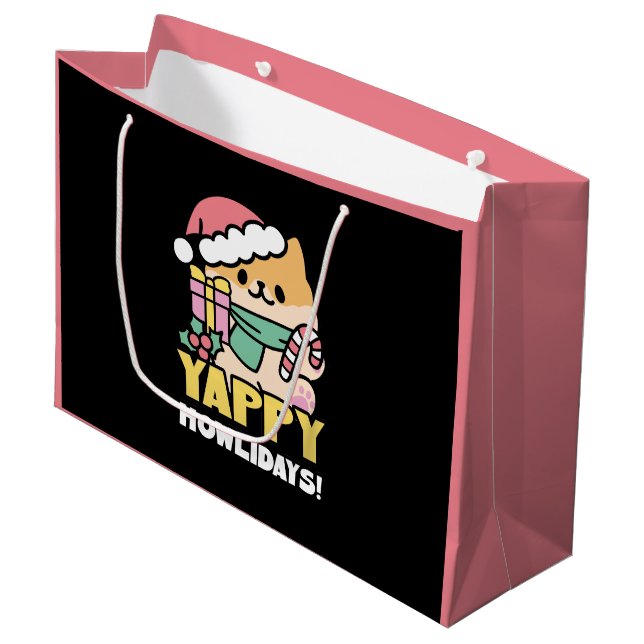 Cute Christmas Dog - Yappy Howlidays  Large Gift Bag (Front Angled)