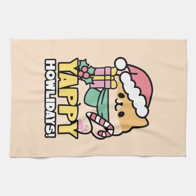 Cute Christmas Dog - Yappy Howlidays  Tea Towel (Horizontal)