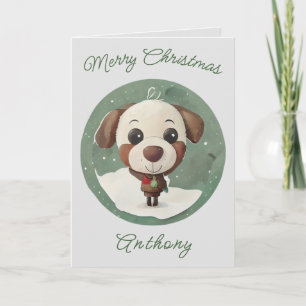 Cute Christmas Doggie Cartoon - Name Customisation Holiday Card