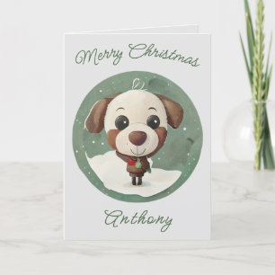 Cute Christmas Doggie Cartoon - Name Customisation Holiday Card