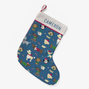 Cute Christmas Dogs Cartoon Pattern in Blue Small Christmas Stocking