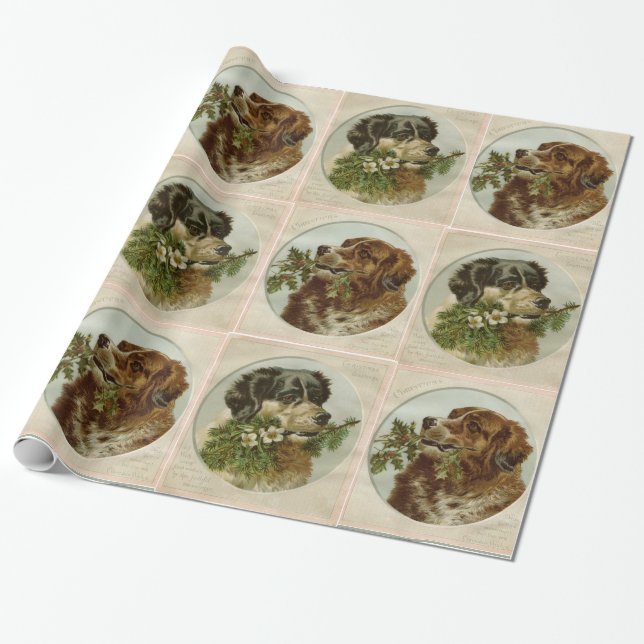 CUTE CHRISTMAS DOGS,HOLLYBERRIES ,WINTER FLOWERS WRAPPING PAPER (Unrolled)