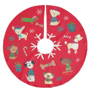 Cute Christmas Dogs Snowflakes Pattern Red Brushed Polyester Tree Skirt
