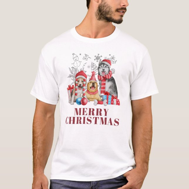 🐶 Cute Christmas Dogs with Gifts – Festive Merry  T-Shirt (Front)