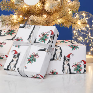 Cute Christmas Dogs with Santa Hats Holly Berry Wrapping Paper