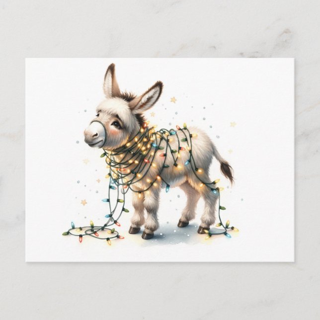 Cute Christmas Donkey Wrapped in Lights Postcard (Front)