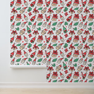 Cute Christmas Doodles Pattern with Santa Hats Wallpaper