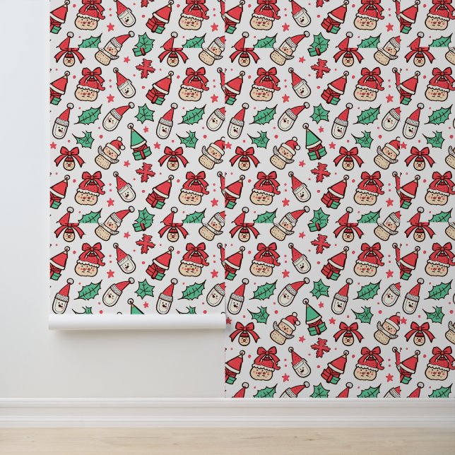 Cute Christmas Doodles Pattern with Santa Hats Wallpaper (Application)