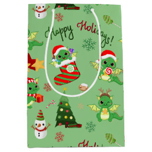 Cute Christmas Dragon Happy Holidays Medium Gift Bag