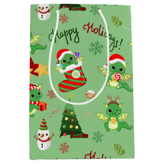 Cute Christmas Dragon Happy Holidays Medium Gift Bag (Front)