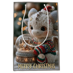 Cute Christmas Dragon Plush Toy with Snow Globe Medium Gift Bag