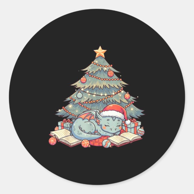 Cute Christmas Dragon Sleeng Under Tree Books Love Classic Round Sticker (Front)