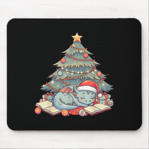 Cute Christmas Dragon Sleeng Under Tree Books Love Mouse Mat