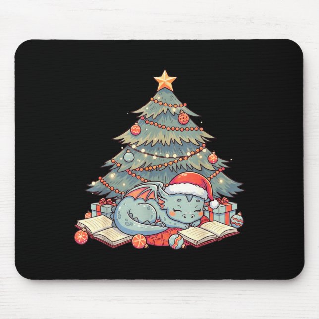 Cute Christmas Dragon Sleeng Under Tree Books Love Mouse Mat (Front)