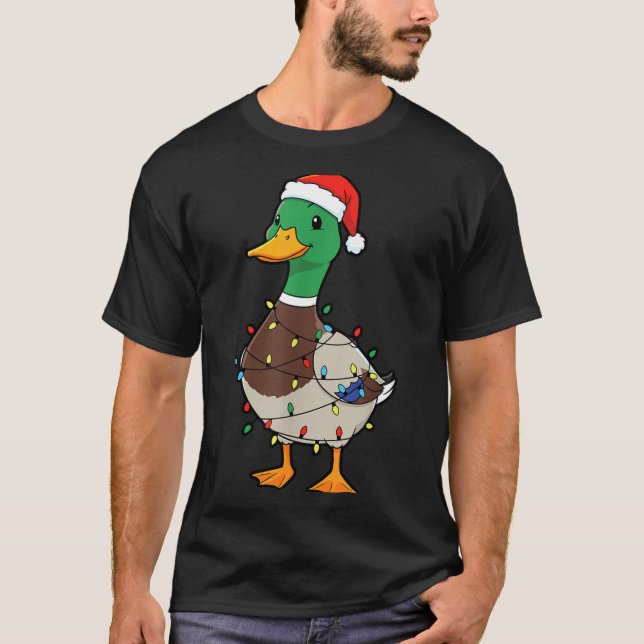 Cute Christmas Duck Mallard With Xmas Lights  T-Shirt (Front)