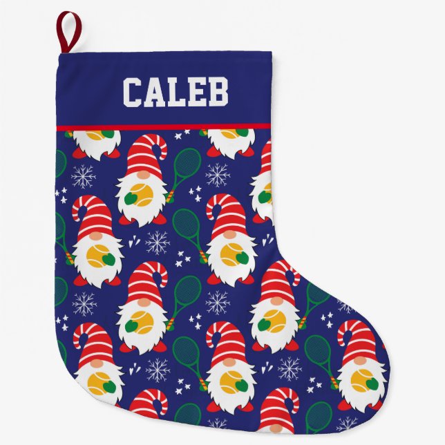 🎾Cute Christmas Dwarf with tennis ball  Large Christmas Stocking (Front)