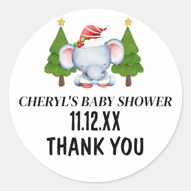 Cute Christmas Elephant Baby Shower Thank You Classic Round Sticker (Front)
