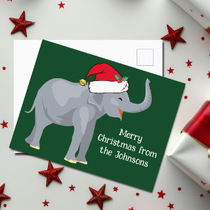 Cute Christmas Elephant in Santa Claus Hat Green Postcard