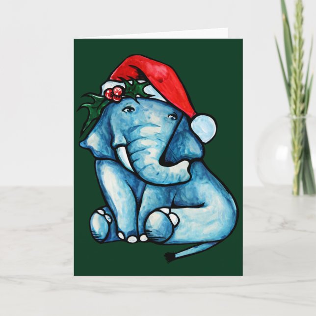 Cute Christmas Elephant Santa Hat Card (Front)