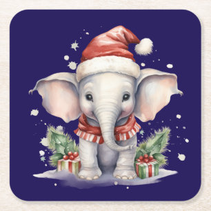 Cute Christmas Elephant Square Paper Coaster