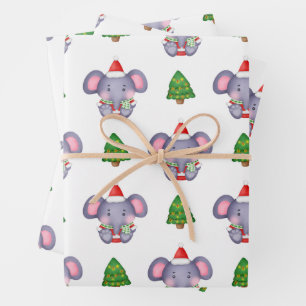 Cute Christmas Elephants and Christmas Trees Wrapping Paper Sheet