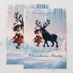 Cute Christmas elf and dark reindeer. Invitation