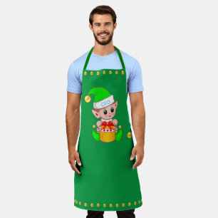 Cute Christmas Elf and Golden Confetti on Green Apron