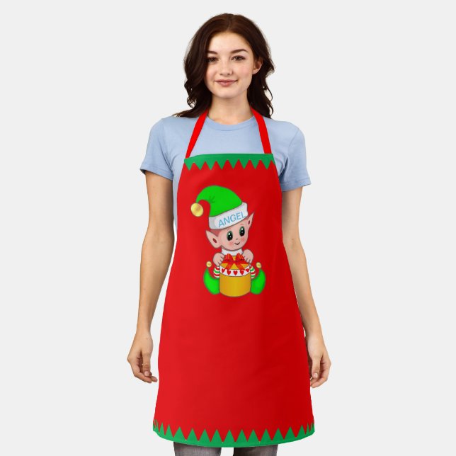 Cute Christmas Elf and Green Stripes on Red Apron (Worn)