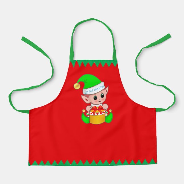 Cute Christmas Elf and Green Stripes on Red Apron (Front)