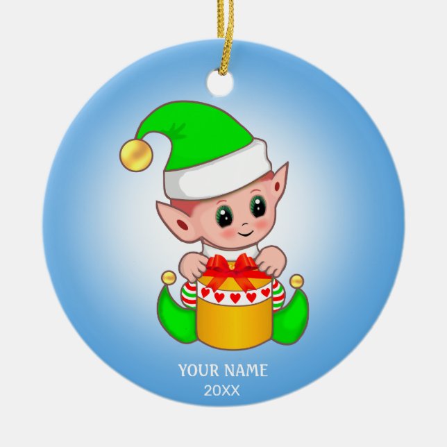 Cute Christmas elf and your text Ceramic Tree Decoration (Front)