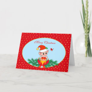 Cute Christmas Elf & Bird on Light Blue & Red Holiday Card